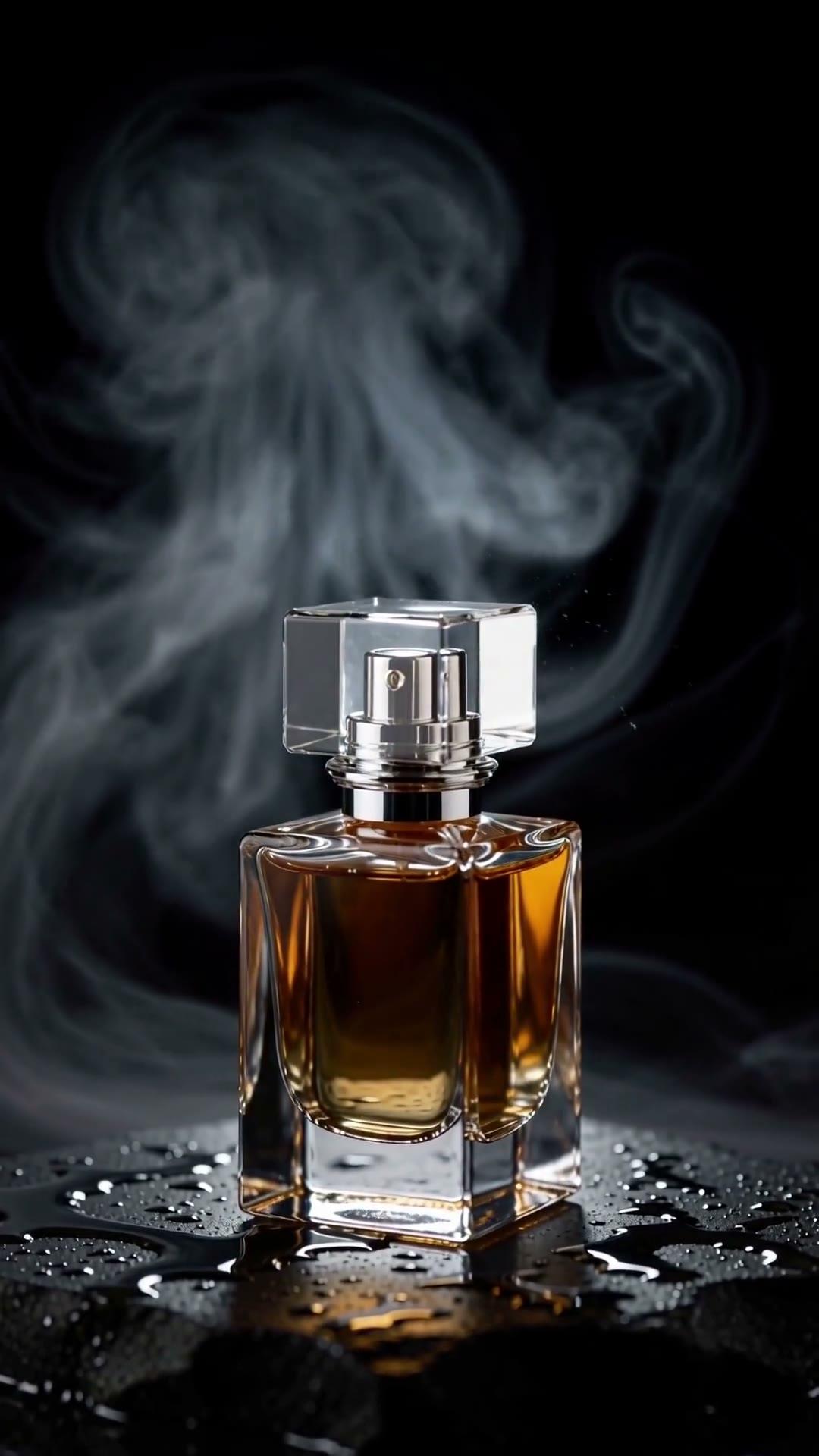 Amber glass fragrance bottle on wet black stone with drifting mist