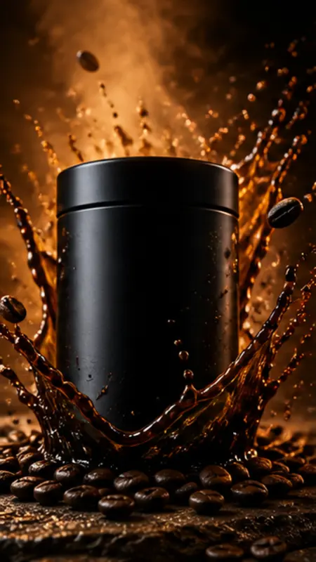 Cinematic black coffee can surrounded by amber-lit coffee and beans