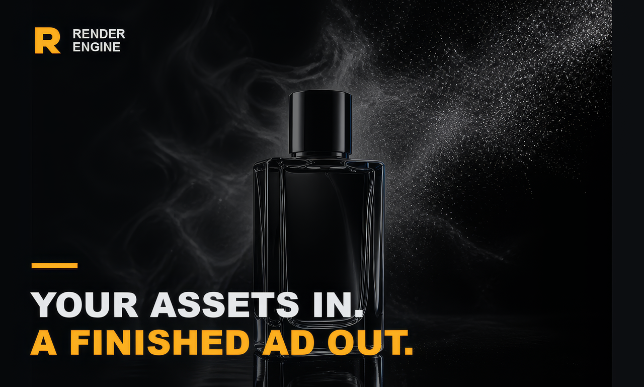 Black fragrance bottle with the words Your assets in, a finished ad out