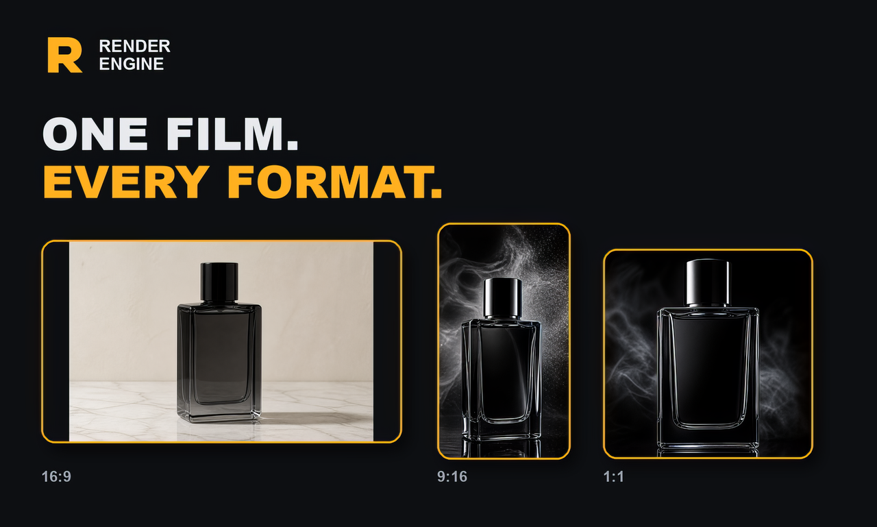 One fragrance film shown in landscape, vertical, and square formats