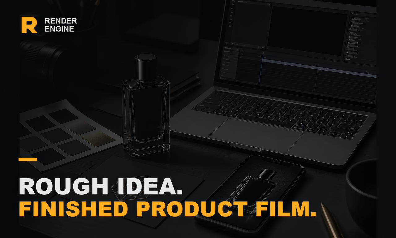 Fragrance bottle, laptop, phone, and storyboard showing a rough idea becoming a finished film